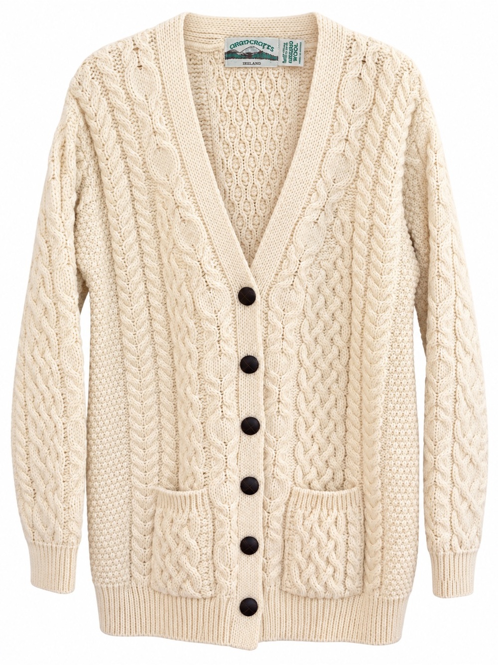 Aran Crafts Cream Irish Wool Cable-Knit Cardigan with Front Pockets